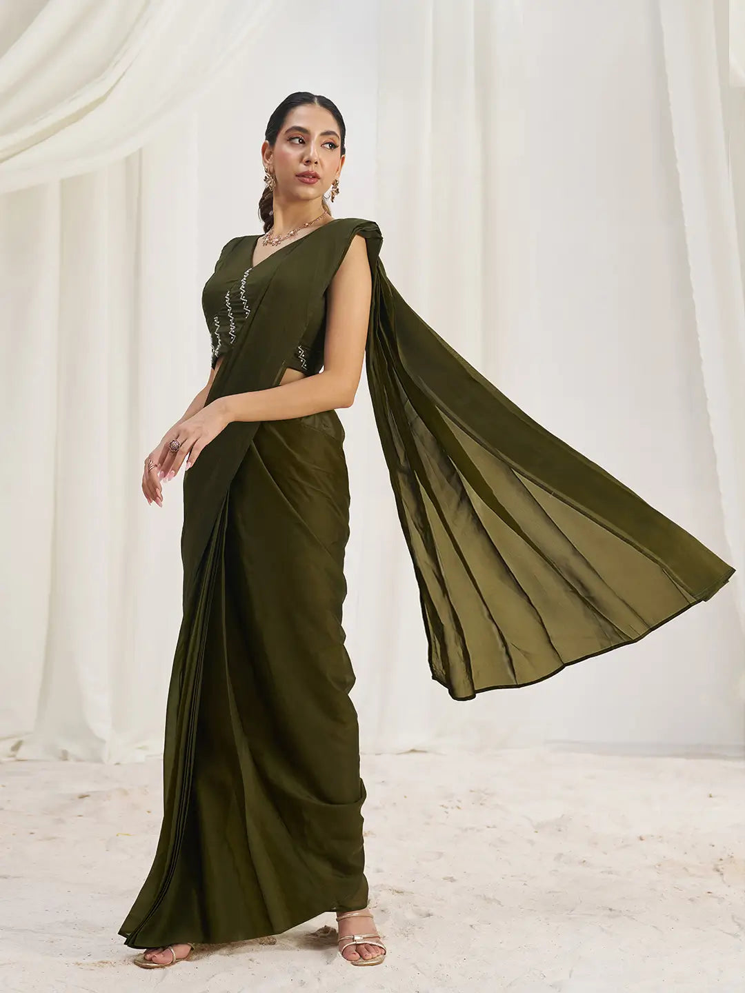 Olive Green Organza Party Wear Saree With Handwork