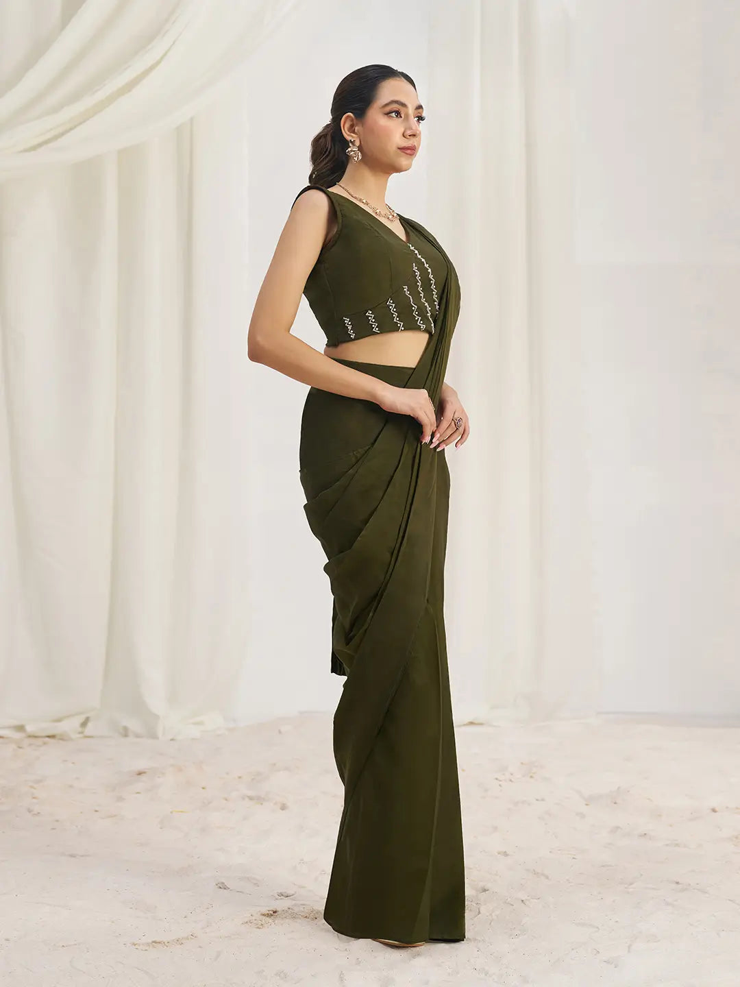 Olive Green Organza Party Wear Saree With Handwork