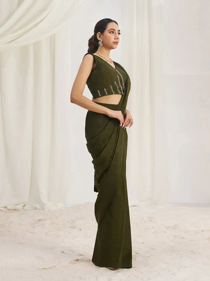 Olive Green Organza Party Wear Saree With Handwork
