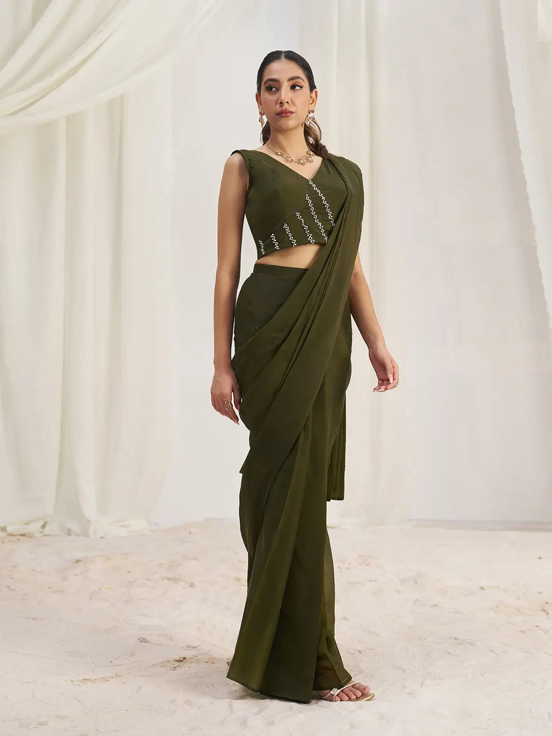 Olive Green Organza Party Wear Saree With Handwork