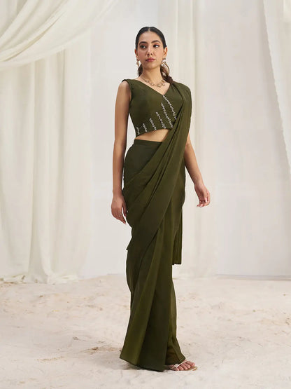 Olive Green Organza Party Wear Saree With Handwork