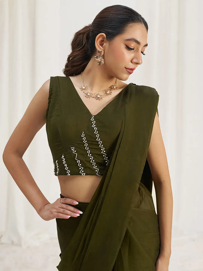Olive Green Organza Party Wear Saree With Handwork