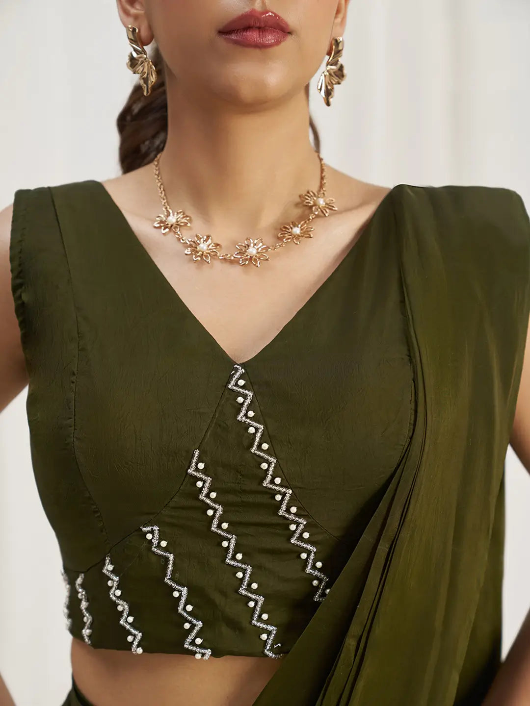 Olive Green Organza Party Wear Saree With Handwork