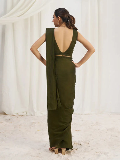 Olive Green Organza Party Wear Saree With Handwork