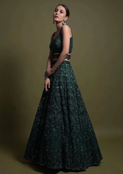 Green Net Thread, Sequence & Dori Work Lehenga Choli