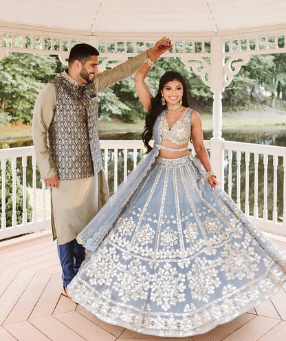 Sky Blue Net Lehenga Choli With Foil Mirror & Zari Work