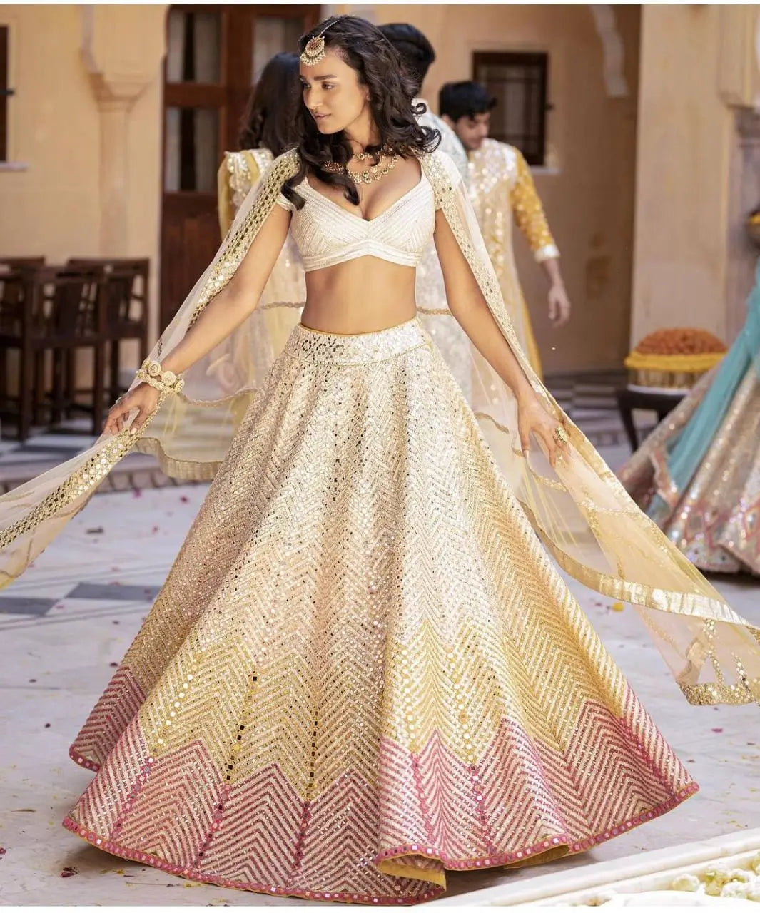 Beige Satin Silk Paper Mirror & Multi Thread Embroidery Work Lehenga Choli