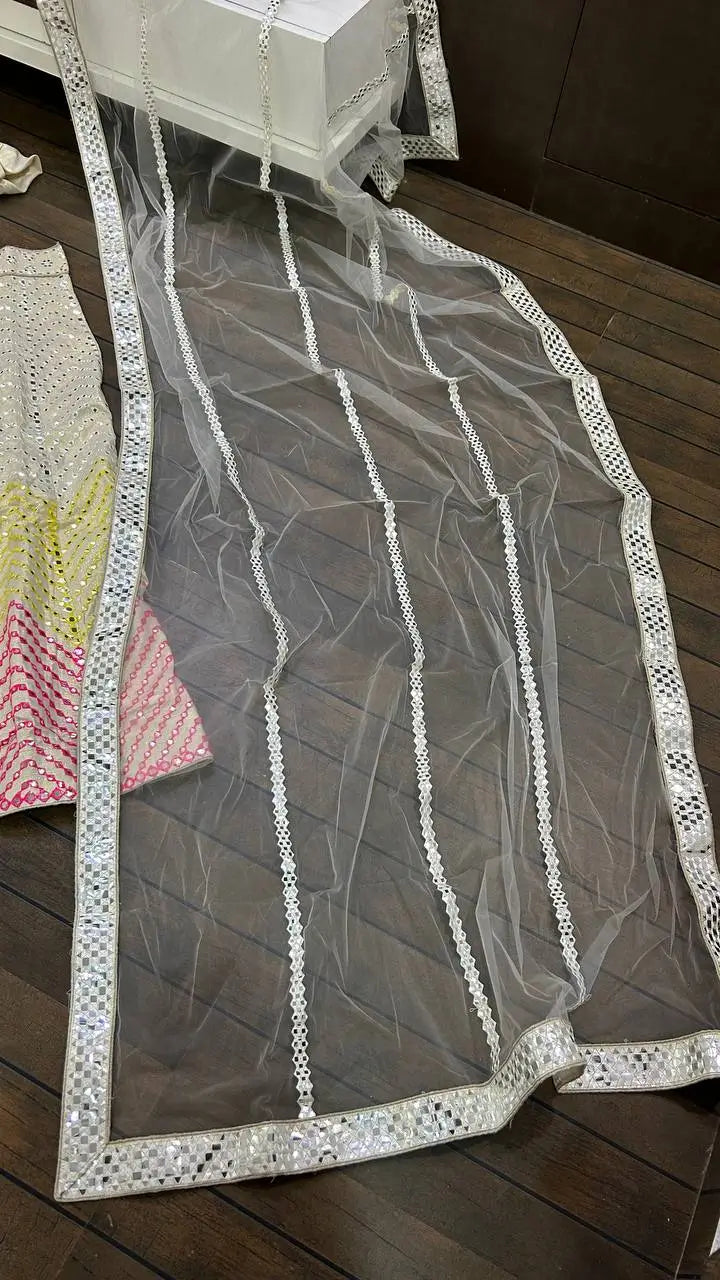 Beige Satin Silk Paper Mirror & Multi Thread Embroidery Work Lehenga Choli