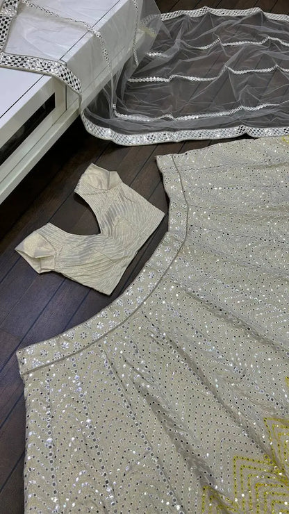 Beige Satin Silk Paper Mirror & Multi Thread Embroidery Work Lehenga Choli