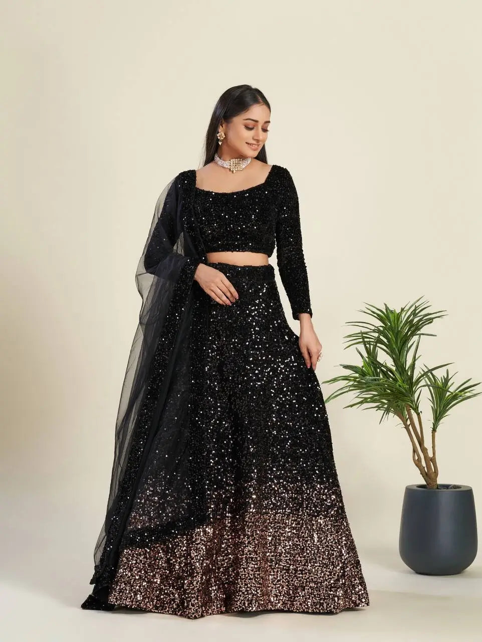 Black Velvet Sequence Embroidery Work Lehenga Choli