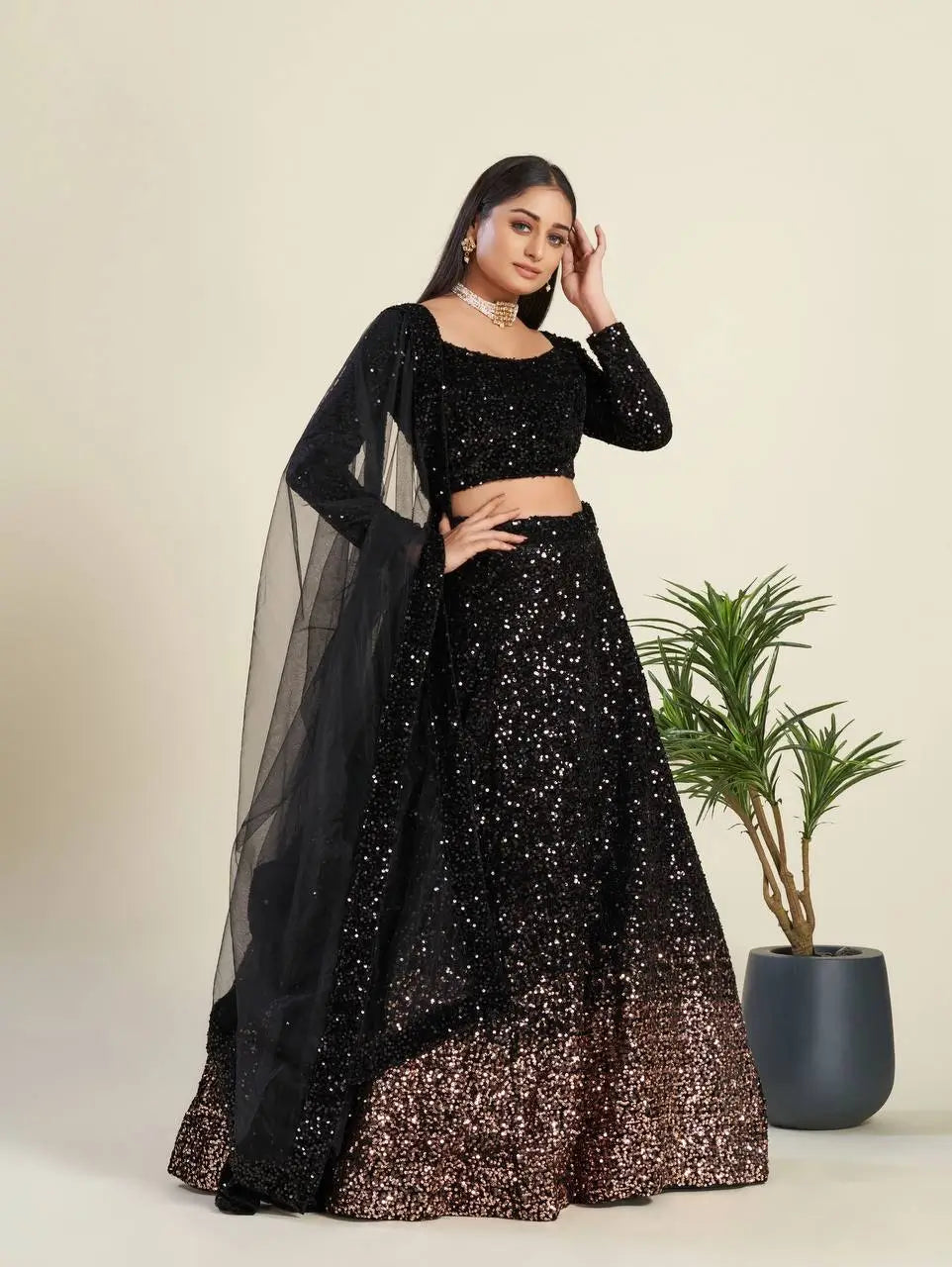 Black Velvet Sequence Embroidery Work Lehenga Choli