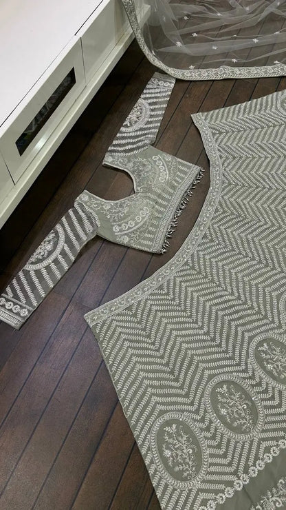 Grey Georgette Sequence, Zari & Dori Work Lehenga Choli