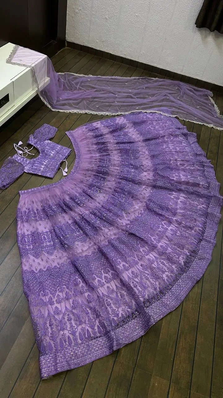 Purple Net Lehenga Choli With Sequence, Zari & Dori Work