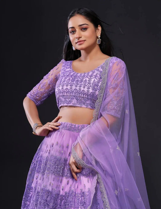 Purple Net Lehenga Choli With Sequence, Zari & Dori Work