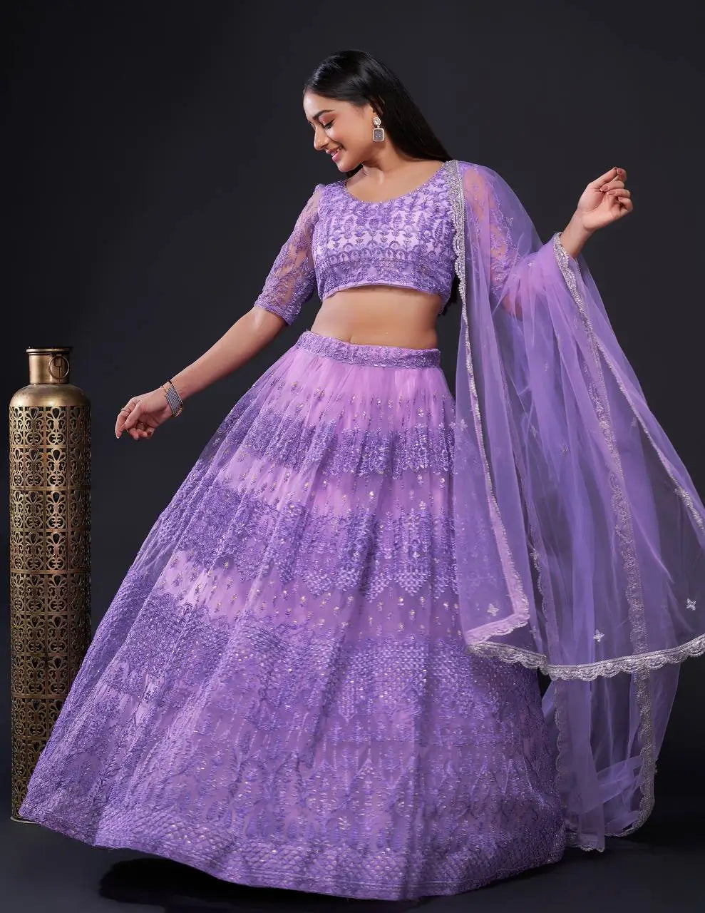 Purple Net Lehenga Choli With Sequence, Zari & Dori Work