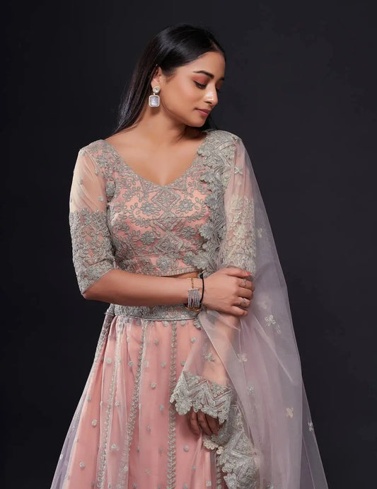 Peach-Pink Net Lehenga Choli With Sequence & Dori Work