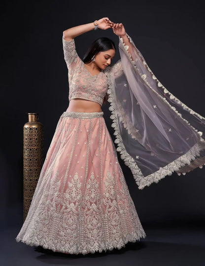 Peach-Pink Net Lehenga Choli With Sequence & Dori Work