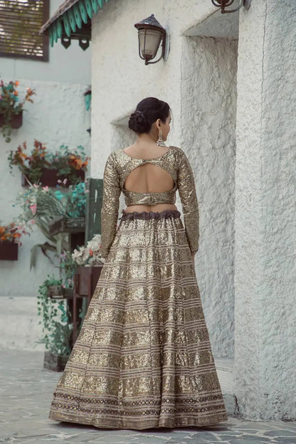 Golden Georgette Dori, Zari & Sequence Embroidery Work Lehenga Choli