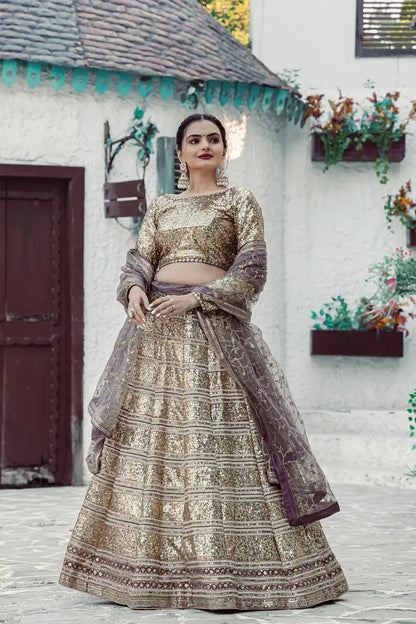Golden Georgette Dori, Zari & Sequence Embroidery Work Lehenga Choli