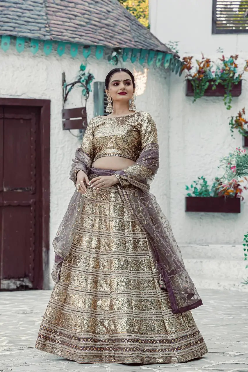 Golden Georgette Dori, Zari & Sequence Embroidery Work Lehenga Choli