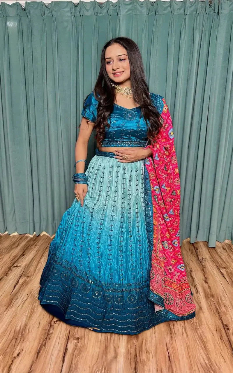Blue Chinon Silk Thread with Sequence Embroidery Work Lehenga Choli
