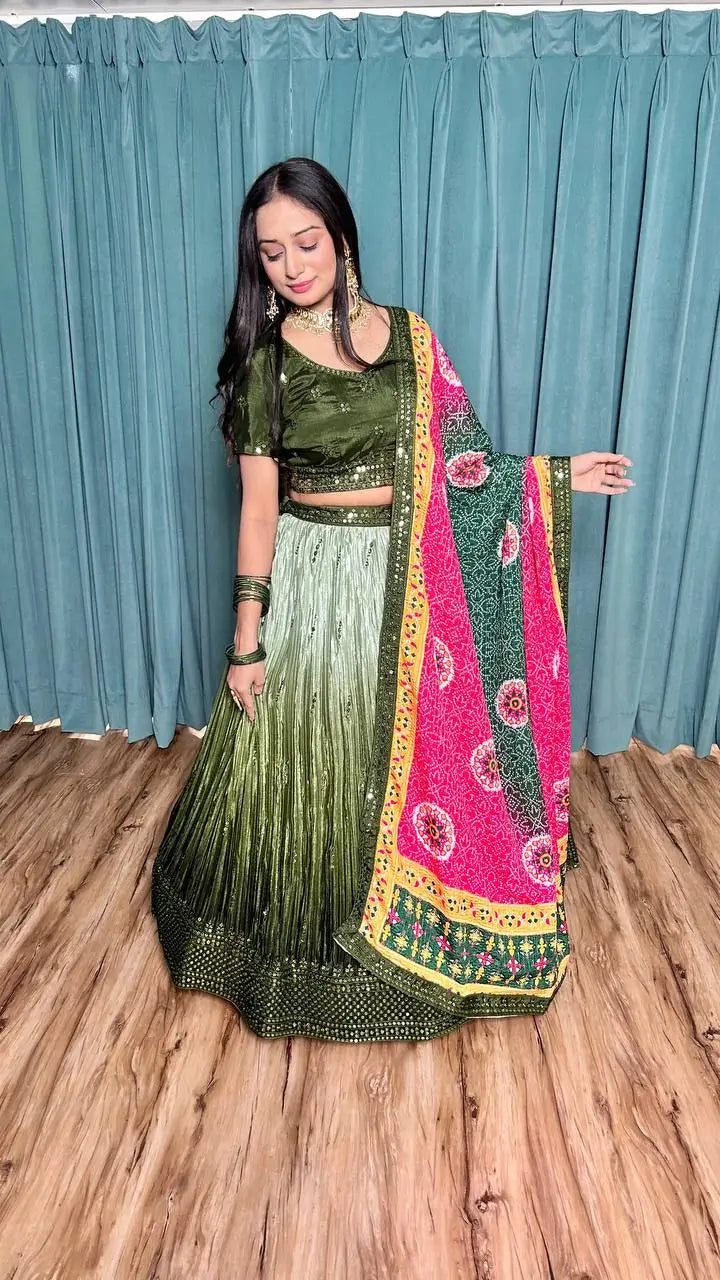 Olive Green Chinon Silk Thread with Sequence Embroidery Work Lehenga Choli