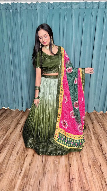 Olive Green Chinon Silk Thread with Sequence Embroidery Work Lehenga Choli