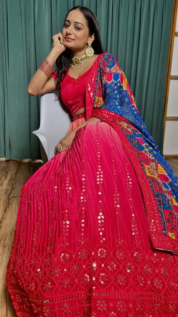 Deep Pink Chinon Silk Thread with Sequence Embroidery Work Lehenga Choli