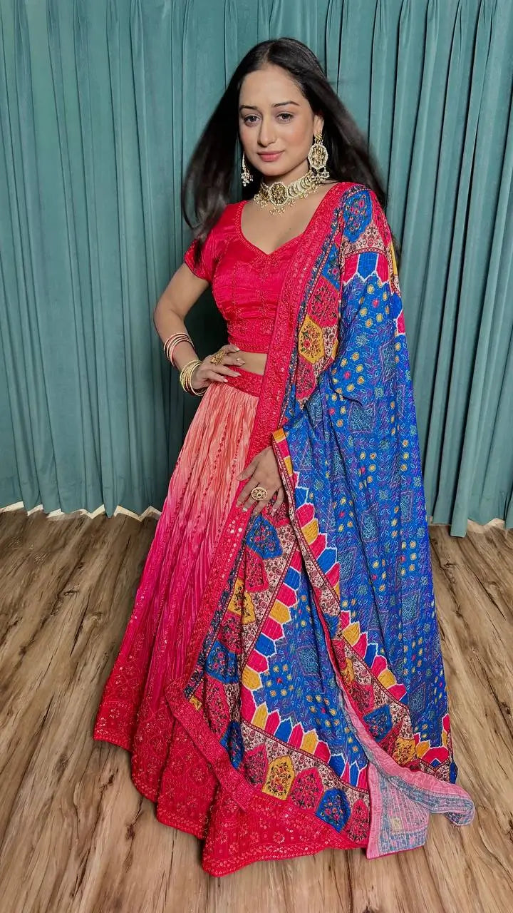 Deep Pink Chinon Silk Thread with Sequence Embroidery Work Lehenga Choli