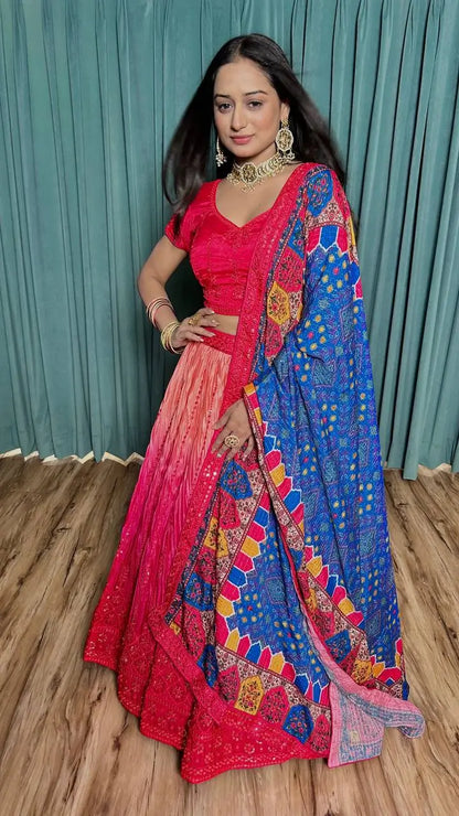 Deep Pink Chinon Silk Thread with Sequence Embroidery Work Lehenga Choli