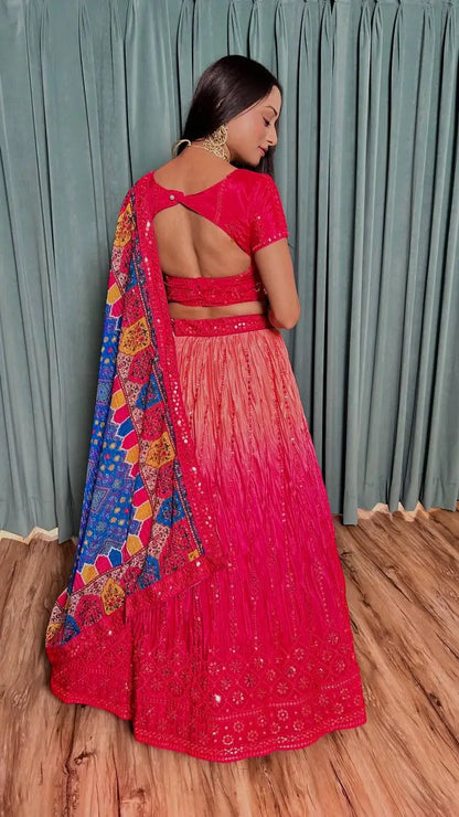 Deep Pink Chinon Silk Thread with Sequence Embroidery Work Lehenga Choli