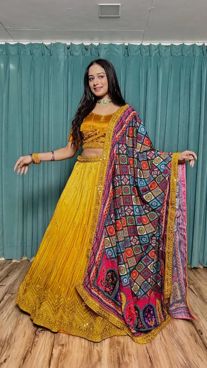 Yellow Chinon Silk Thread with Sequence Embroidery Work Lehenga Choli