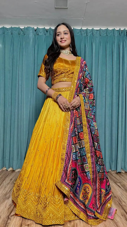 Yellow Chinon Silk Thread with Sequence Embroidery Work Lehenga Choli