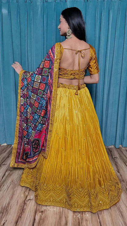 Yellow Chinon Silk Thread with Sequence Embroidery Work Lehenga Choli
