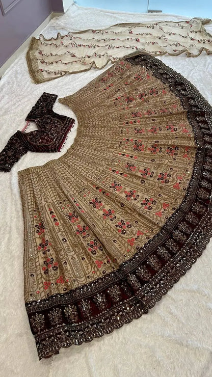 Beige Brown Kasturi Silk Dori, Thread & Sequence Work Lehenga Choli