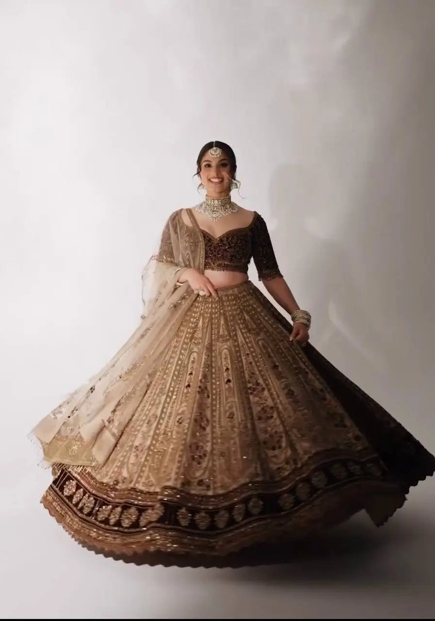 Beige Brown Kasturi Silk Dori, Thread & Sequence Work Lehenga Choli