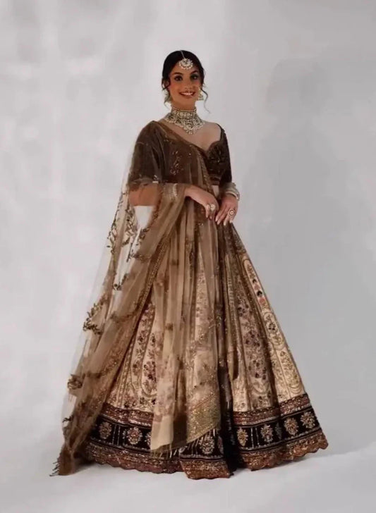Beige Brown Kasturi Silk Dori, Thread & Sequence Work Lehenga Choli