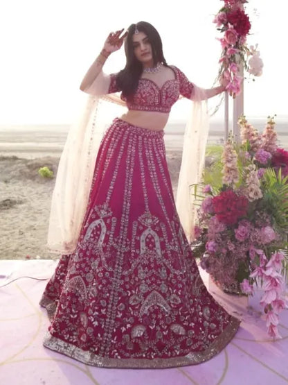 Hot Pink Slub Silk Lehenga Choli With Sequence, Thread & Dori Work
