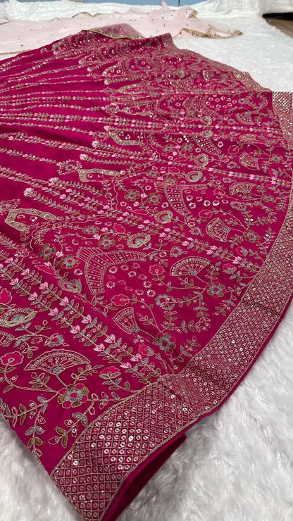 Hot Pink Slub Silk Lehenga Choli With Sequence, Thread & Dori Work