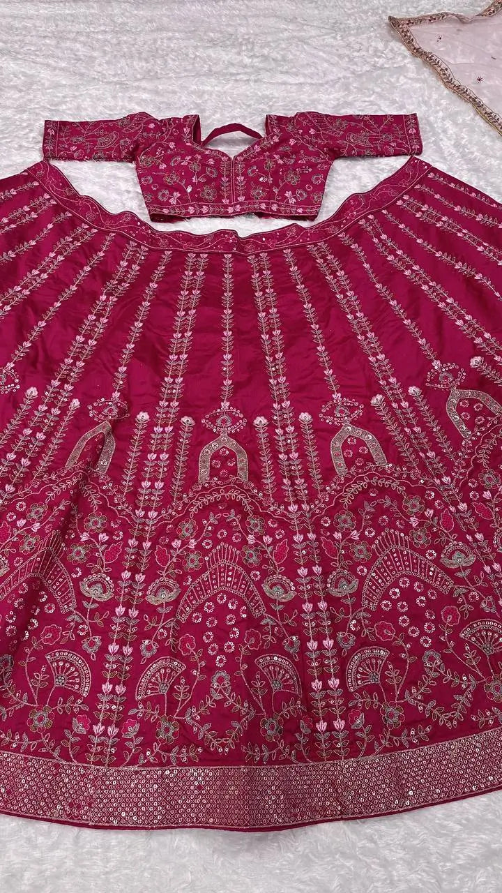 Hot Pink Slub Silk Lehenga Choli With Sequence, Thread & Dori Work