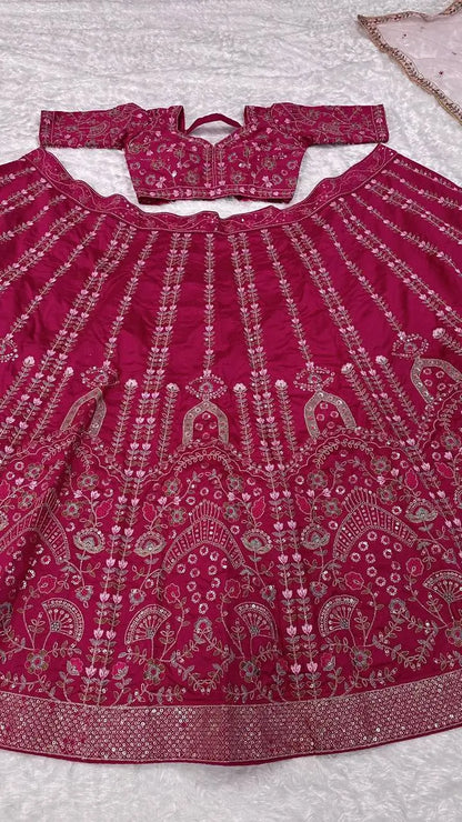 Hot Pink Slub Silk Lehenga Choli With Sequence, Thread & Dori Work
