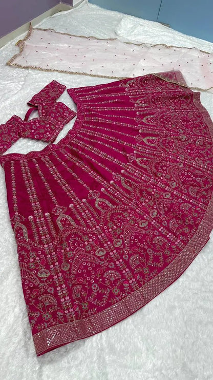 Hot Pink Slub Silk Lehenga Choli With Sequence, Thread & Dori Work