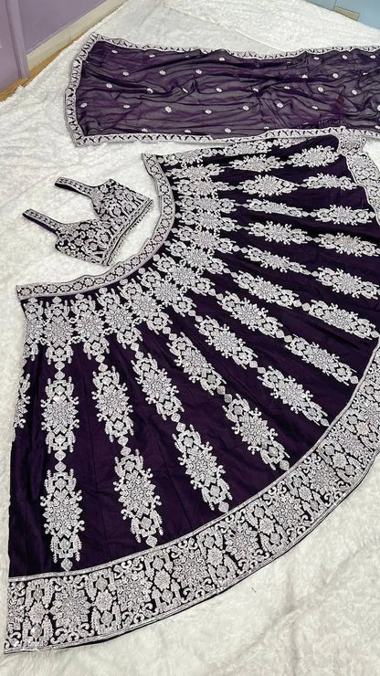 Dark Violet Kasturi Silk Thread with Sequence Embroidery Work Lehenga Choli