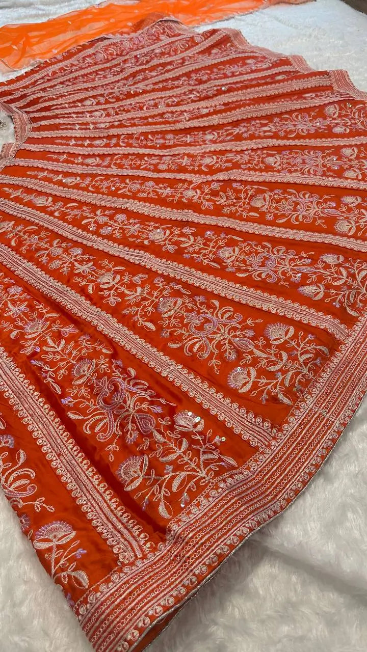Orange Mul Mul Silk Silk Thread & Sequence Work Lehenga Choli