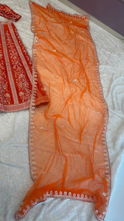 Orange Mul Mul Silk Silk Thread & Sequence Work Lehenga Choli