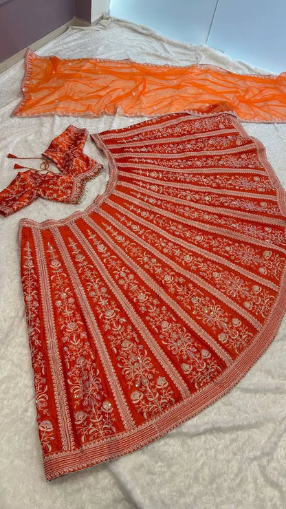 Orange Mul Mul Silk Silk Thread & Sequence Work Lehenga Choli