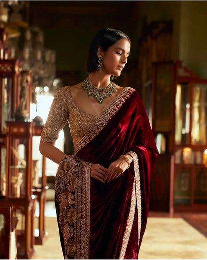 Maroon-Pink Velvet & Net Saree With Sequins, Thread & Dori Work