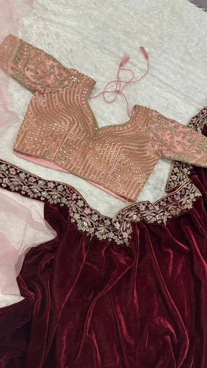 Maroon-Pink Velvet & Net Saree With Sequins, Thread & Dori Work