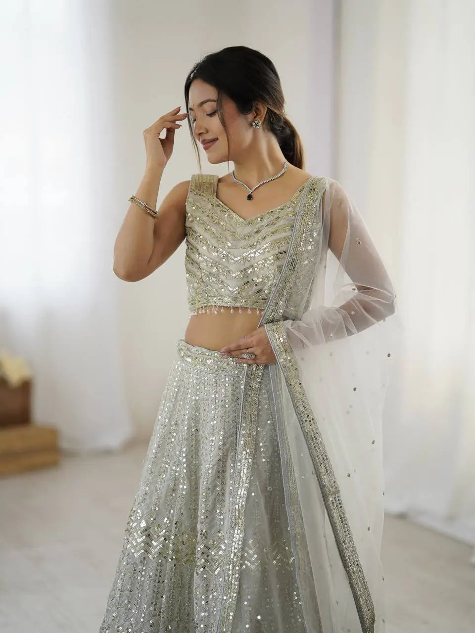 Off White Georgette Lehenga Choli With Sequins & Dori Work
