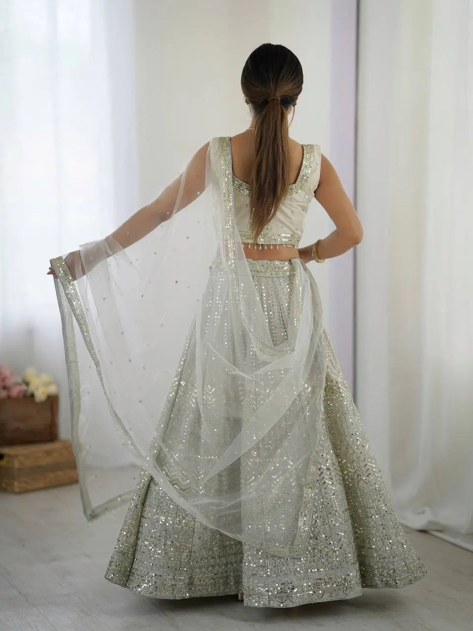 Off White Georgette Lehenga Choli With Sequins & Dori Work